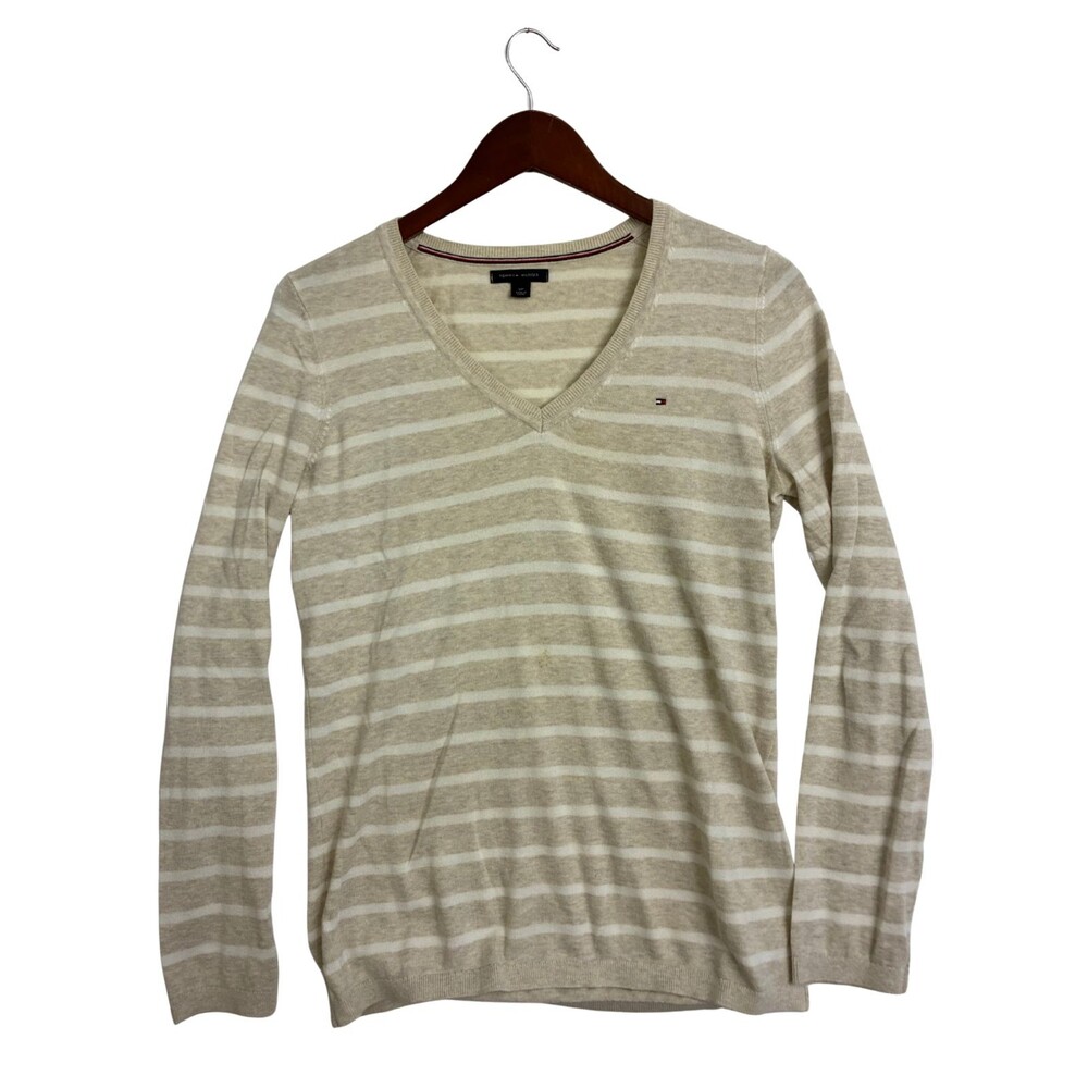Tommy Hilfiger Womens S Beige Ivory Stripe V Neck Lightweight Knit Sweater